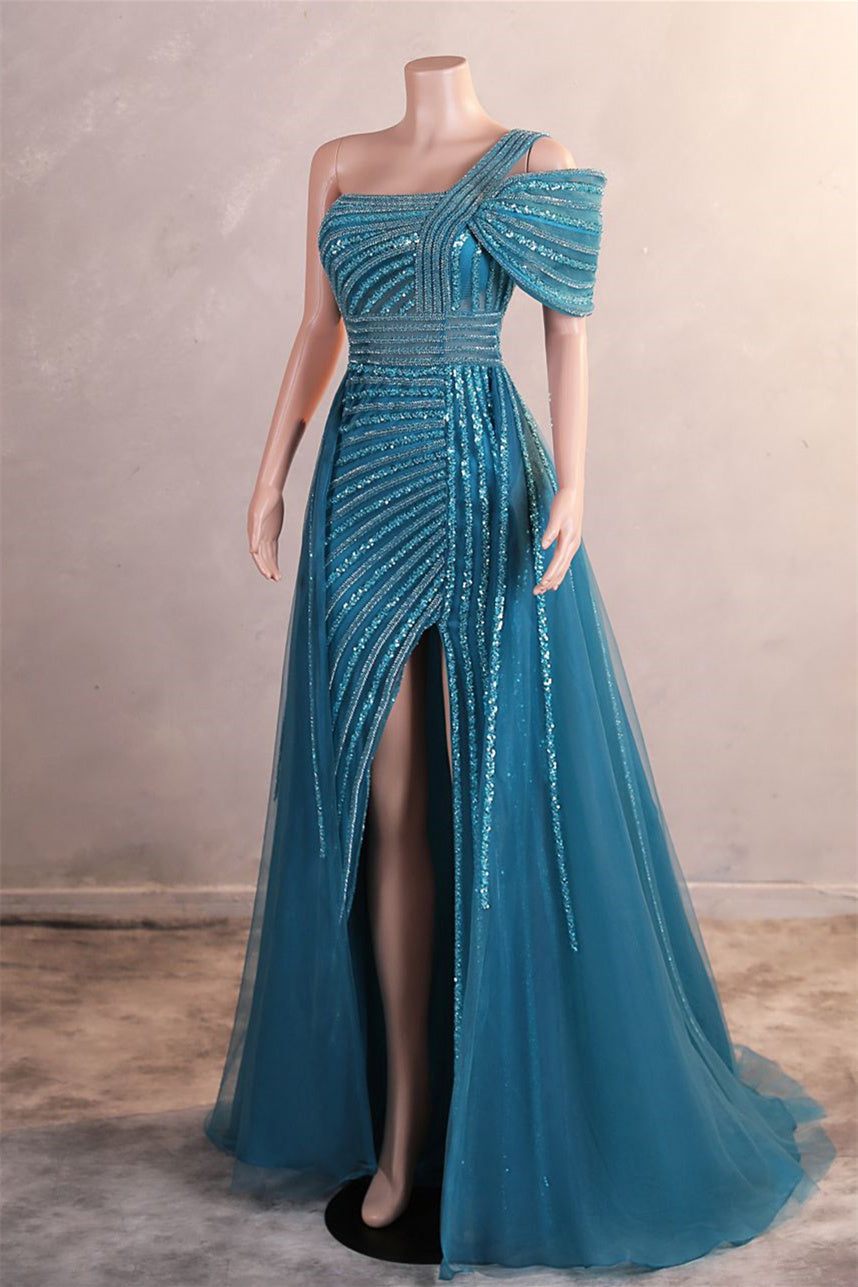 One-Shoulder Beading Sweep Train Backless Evening Dress