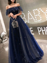 A-Line Prom Dresses Elegant Dress Wedding Guest Party Wear Floor Length Short Sleeve Off Shoulder Tulle with Embroidery Tiered