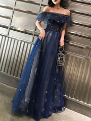 A-Line Prom Dresses Elegant Dress Wedding Guest Party Wear Floor Length Short Sleeve Off Shoulder Tulle with Embroidery Tiered