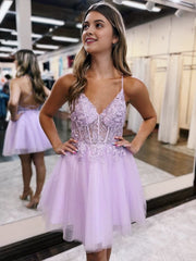 A-Line Backless Tulle Appliqued Homecoming Dress