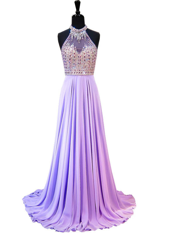 A-line Beaded Crystals Floor Length Backless Lilac Chiffon Prom Dress