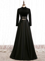 A-Line Black Satin High Neck Long Sleeve Prom Dress