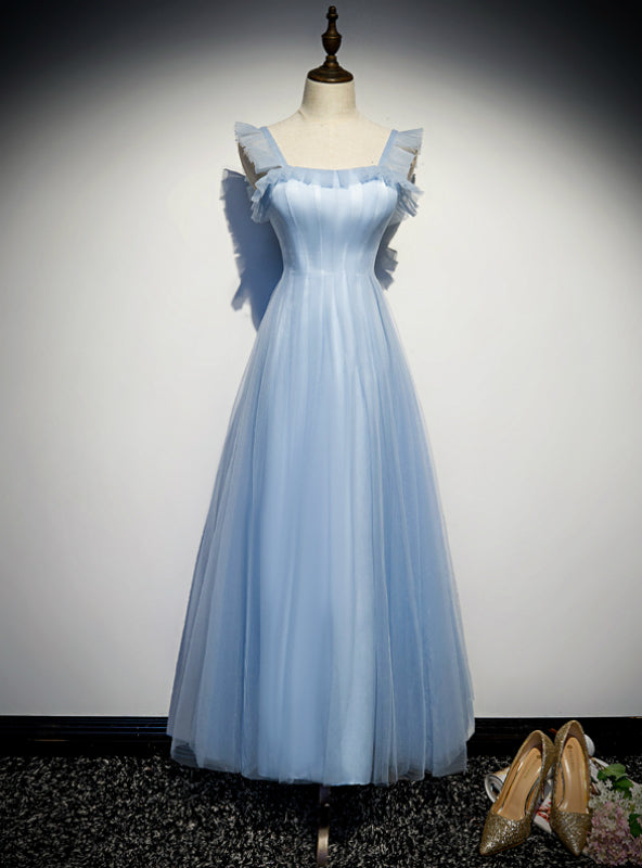 A-Line Blue Tulle Straps Ankle Length Prom Dress