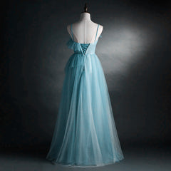 A-line Blue Tulle Straps Long Formal Dress Outfits For Girls, Blue Long Evening Dress Outfits For Women Prom Dress