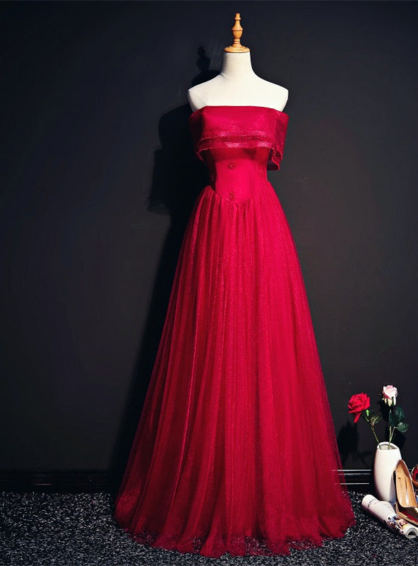 A-Line Burgundy Tulle Strapless Beading Prom Dress