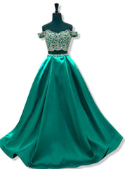 A-line Cap Sleeve Beaded Lace Green Two Piece Prom Dresses