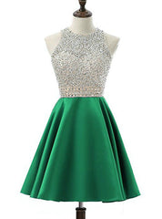 A-Line Green Satin Backless Beading Sequins Homecoming Dress