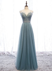 A-Line Green Tulle Spaghetti Straps Beading Prom Dress