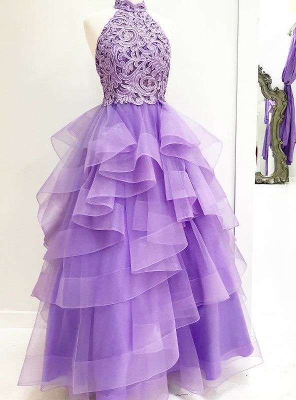 A-Line High Neck Light Purple Tulle Appliques Long Prom Dress with Beading