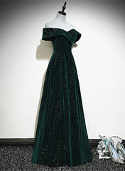 A-line Off Shoulder Green Velvet Simple Party Dress Outfits For Girls, Green Prom Dress Outfits For Women Formal Dress