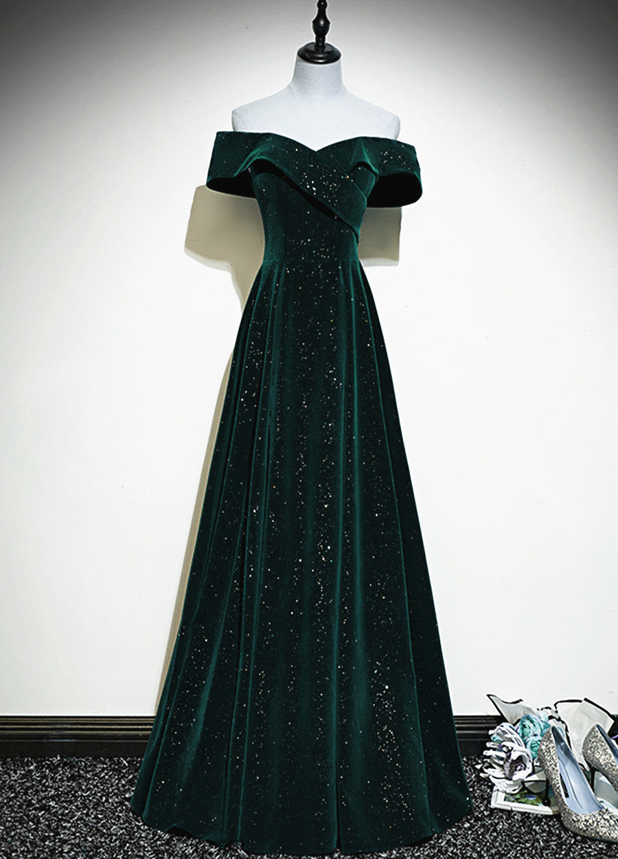 A-line Off Shoulder Green Velvet Simple Party Dress Outfits For Girls, Green Prom Dress Outfits For Women Formal Dress