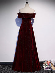 A-Line Off  Shoulder Velvet Burgundy Long Prom Dress, Burgundy Long Formal Dress