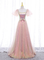 A-line Pink Sequins Puff Sleeve Prom Dress