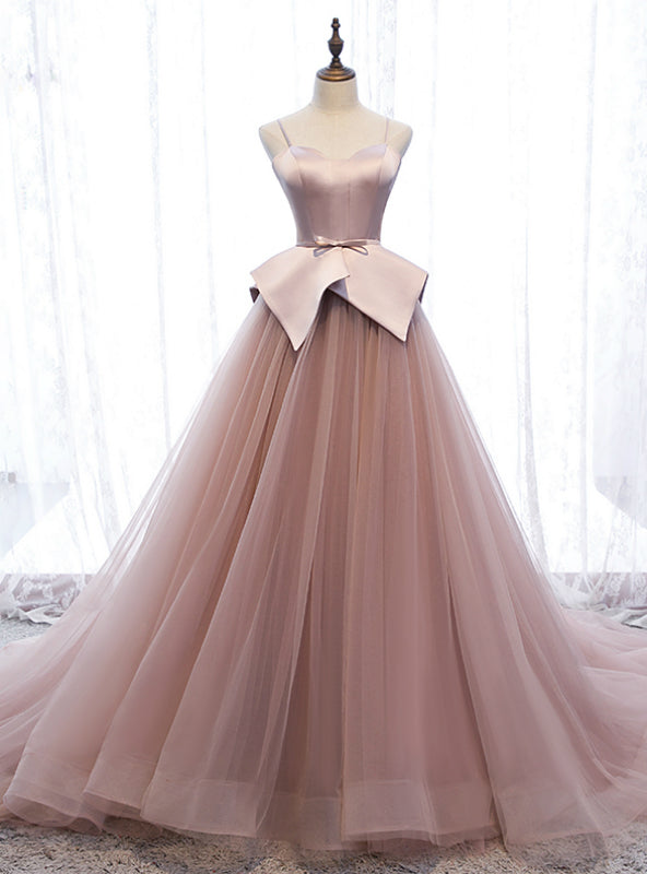 A-Line Pink Tulle Satin Spagehtti Straps Prom Dress