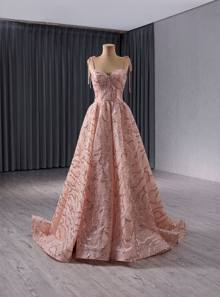 A-line Pink Tulle Sequins Spaghetti Straps Prom Dress