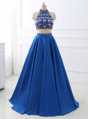 A-Line Royal Blue Satin Two Piece Halter Backless Prom Dress With Crystal