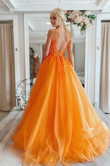 A-Line V-Neck Long Tulle Prom Dress with Appliques