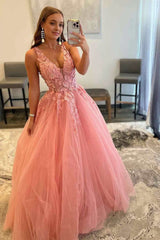 A-Line V-Neck Long Tulle Prom Dress with Appliques