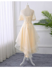 Adorable Light Champagne High Low Party Dress Outfits For Women with Lace Applique, Short Homecoming Dress