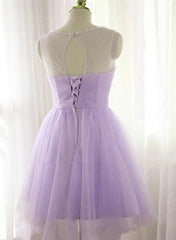 Adorable Light Purple Round Neckline Beaded Short Prom Dress Outfits For Girls, Cute Homecoming Dress