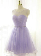 Adorable Light Purple Round Neckline Beaded Short Prom Dress Outfits For Girls, Cute Homecoming Dress