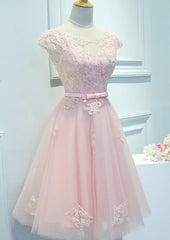 Adorable Pink Knee Length Party Dress Outfits For Girls, Lace Applique Cute Homecoming Dress