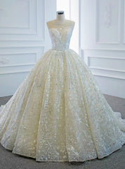 Always Remember Wearing Champagne Ball Gown Tulle Embroidery Pleats Wedding Dress