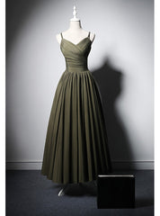 Army Green Satin Spaghetti Straps Pleats Prom Dress