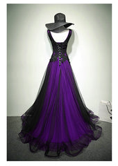 Black and Purple V-neckline A-line Prom Dress Outfits For Girls, Tulle with Lace Party Dress