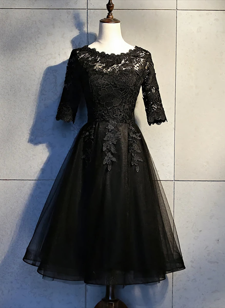 Black Lace and Tulle Short Sleeves Party Dresses For Black girls Formal Dress Outfits For Girls, Black Homecoming Dresses