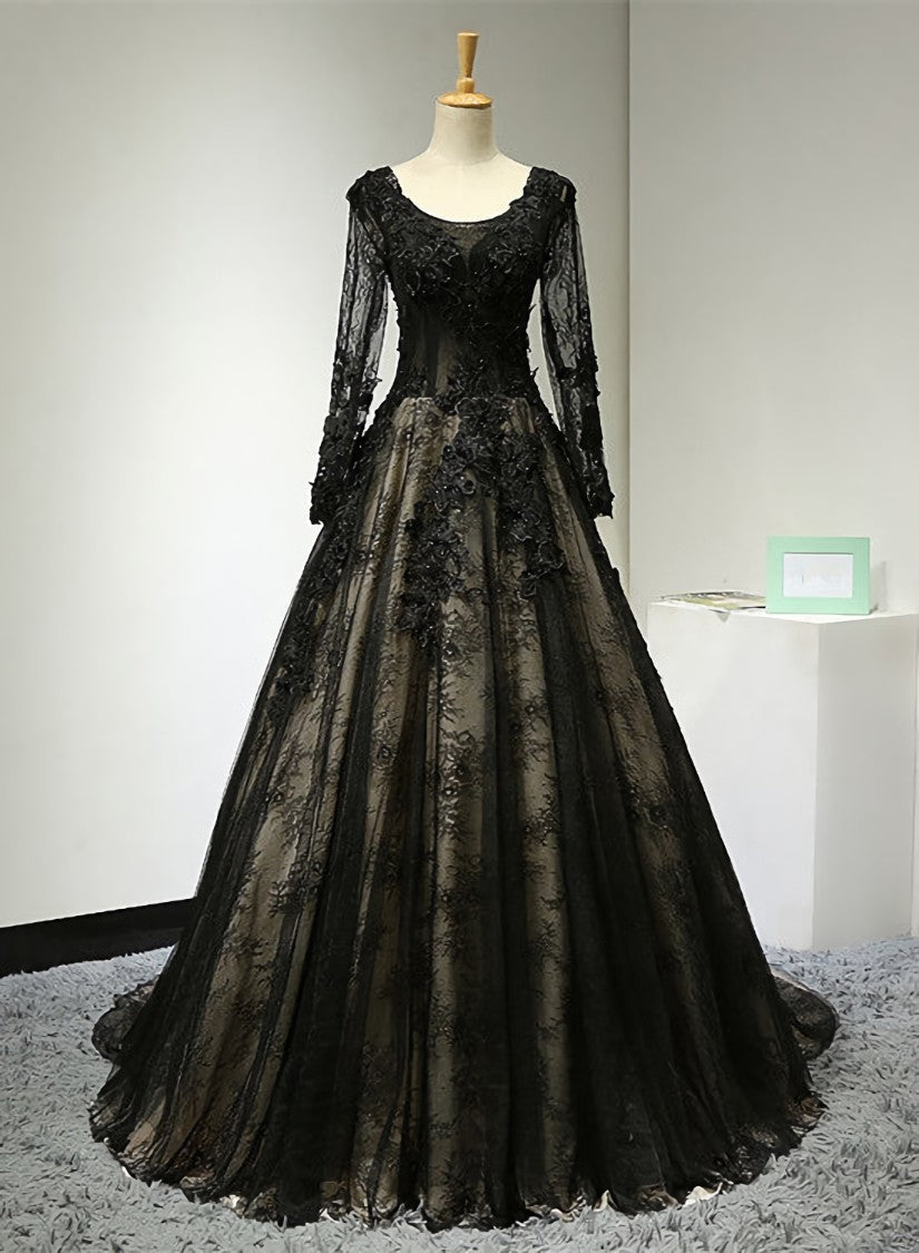 Black Long Sleeves Lace Prom Dress Outfits For Girls, Black Evening Gown