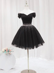 Black Off Shoulder Beaded Tulle Short Prom Dress Outfits For Girls, Black Homecoming Dress Outfits For Women Formal Dress