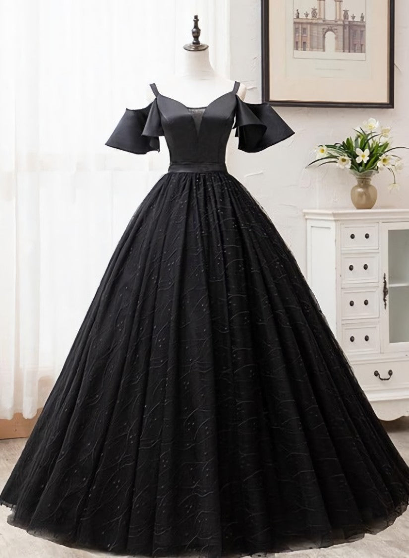 Black Satin and Tulle Ball Gown Off Shoulder Evening Dress Outfits For Women Party Gown, Black Long Formal Dress