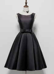 Black Satin Knee Length Round Neckline Party Dress Outfits For Girls, Black Short Prom Dress