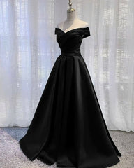 Black Satin Off Shoulder Long Simple Evening Dress Outfits For Women Formal Dress Outfits For Girls, Black Party Dresses