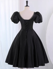 Black Satin Short Sleeves Knee Length Party Dress Outfits For Girls, Black Homecoming Dress