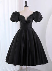 Black Satin Short Sleeves Knee Length Party Dress Outfits For Girls, Black Homecoming Dress