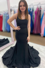 Black Satin Spaghetti Straps Mermaid Prom Dress