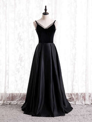 Black Satin Spaghetti Straps Prom Dress