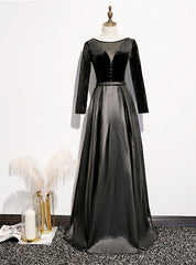 Black Satin Velvet Long Sleeve Button Prom Dress