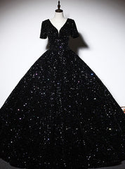 Black Sequins V-neck Short Sleeve Quinceanera Dress