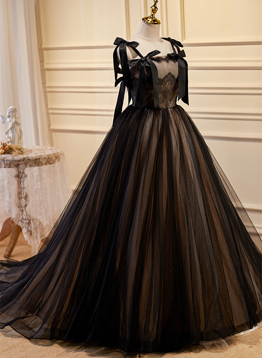 Black Straps Tulle with Lace Long Formal Dress Outfits For Girls, Black A-line Prom Dress