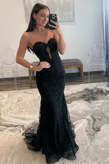 Black Sweetheart Lace Appliques Mermaid Long Prom Dresses