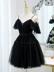 Black Sweetheart Straps Tulle Homecoming Dress Outfits For Girls, Black Off Shoulder Prom Dress