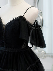 Black Sweetheart Straps Tulle Homecoming Dress Outfits For Girls, Black Off Shoulder Prom Dress