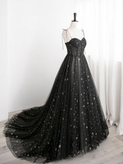 Black Sweetheart Tulle Straps Long Formal Dress Outfits For Girls, Black Evening Party Dresses