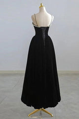 Black Tea Legnth Straps A-line Wedding Party Dress Outfits For Girls, Black Bridesmaid Dress