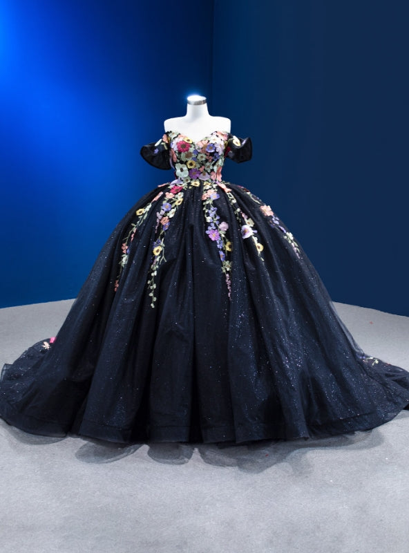 Black Tulle 3D Flower Off the Shoulder Prom Dress