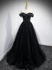 Black Tulle Beading Off the Shoulder Prom Dress