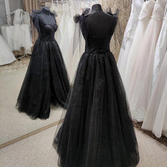 Black Tulle Floor Length Long Party Dress Outfits For Women with Slit, Black Evening Dresses